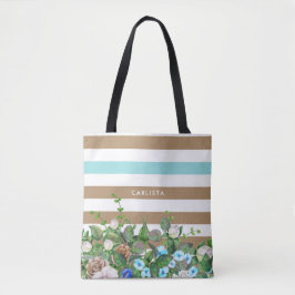 Bolsa Tote Aqua à moda e Tan florais e listras com nome