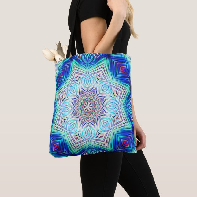 Bolsa Tote Aqua azul real caleidoscópio com oito pontos de es (Close Up)
