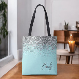 Bolsa Tote Aqua Azul Teal Prata Brilho Monograma