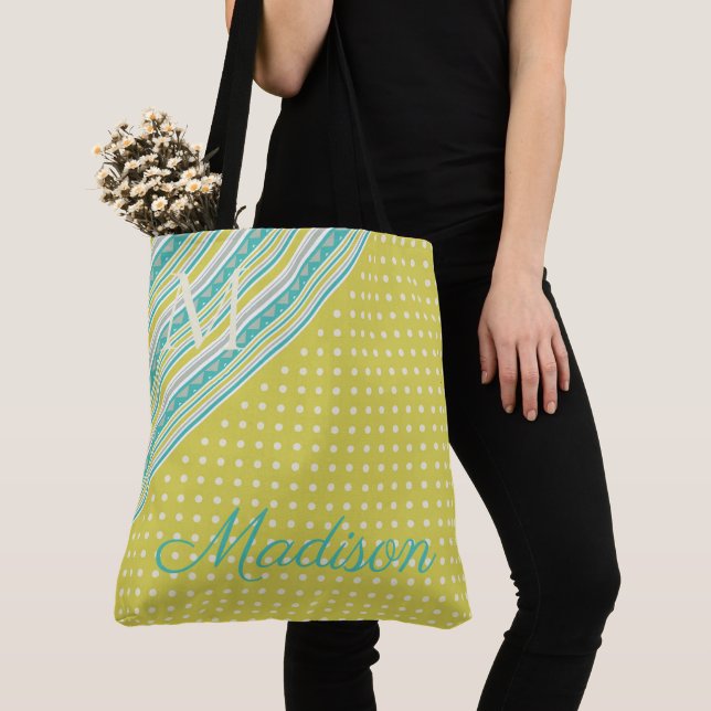 Bolsa Tote Aqua Chartreuse Trendy Dots Girly Name Monograma (Close Up)