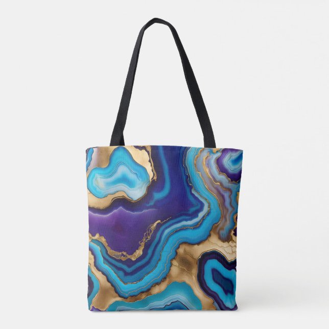 Bolsa Tote Aqua Dourada Azul Veias Púrpuras Agate (Verso)