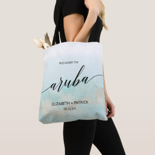 Bolsa Tote Aqua e Dourada Beach Aruba Boas-vindas