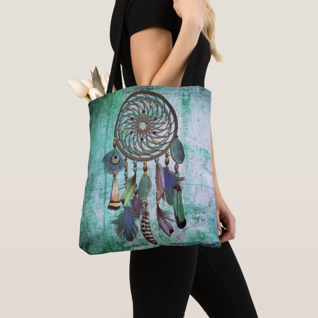 Bolsa Tote Aqua Grunge | Boho Style Dreamcatcher (Close Up)