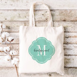 Bolsa Tote Aqua Monograma Bridesmaid Tote Bag<br><div class="desc">Sacos de tote de festa de casamento monogramas de tendências bonitas personalizados com um monograma inicial personalizado, texto de bridesmaid ou um nome ou outra mensagem. Clique em Personalizar para alterar fontes e cores de texto para criar um presente exclusivo para as suas damas de honra e festa de casamento!...</div>