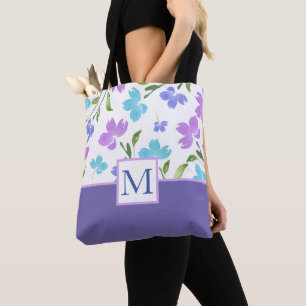 Bolsa Tote Aqua Periwinkle Purple Watercolor Stems