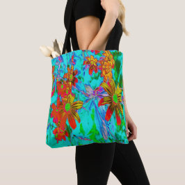 Bolsa Tote Aqua Tropical com Flores Amarelas e Laranja