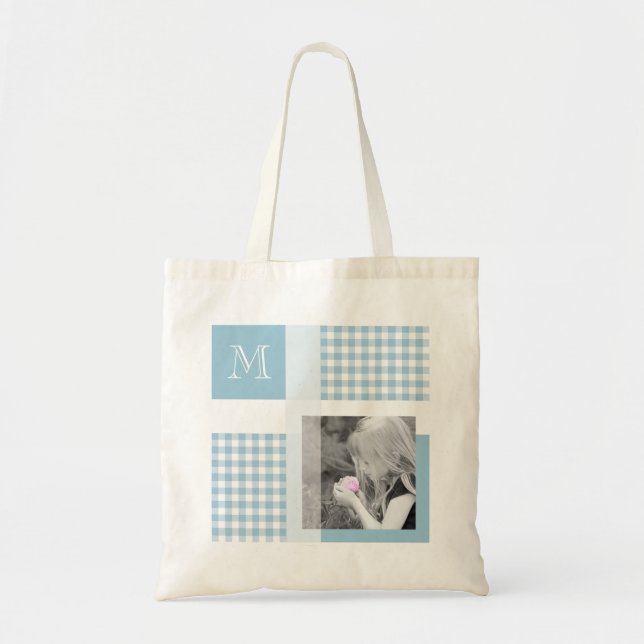 Bolsa Tote Aquamarine Adicione Sua Foto Gingham Moderno Monog (Frente)