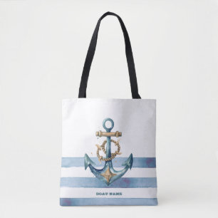 Bolsa Tote Aquarela Âncora Náutica Listras Azul Claro