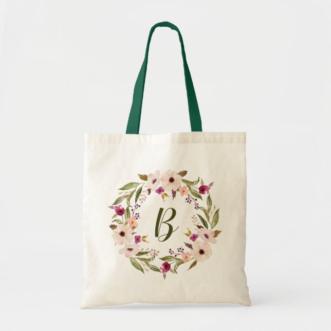 Bolsa Tote Aquarela Bohemian Floral Wreath Monograma Bag (Frente)