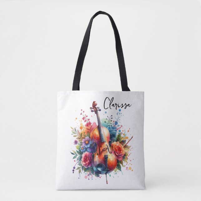 Bolsa Tote Aquarela Cello e Flores Personalizadas (Frente)