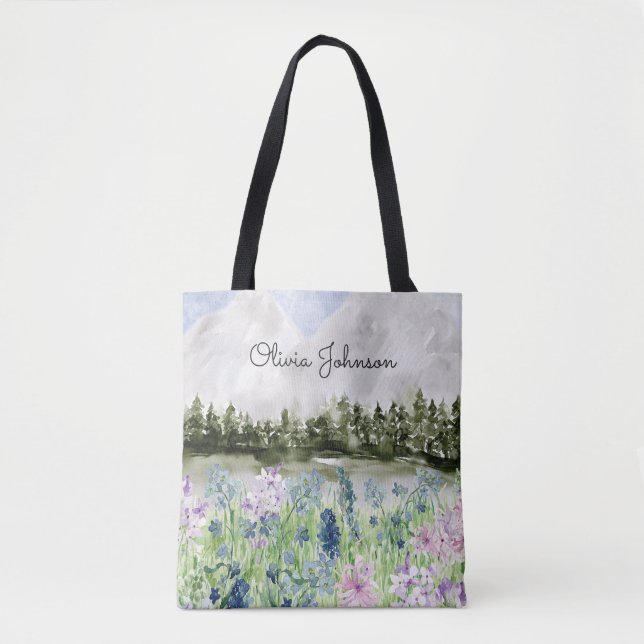 Bolsa Tote Aquarela de Flores Azuis e Roxas com Monograma em  (Frente)