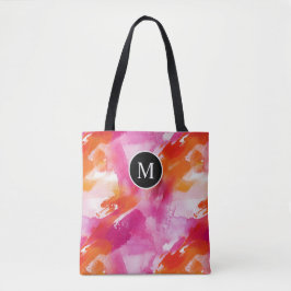 Bolsa Tote Aquarela de Monograma Laranja Rosa Abstrato