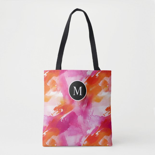 Bolsa Tote Aquarela de Monograma Laranja Rosa Abstrato (Frente)