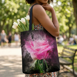 Bolsa Tote Aquarela de Rosa Rosa em Fundo Preto