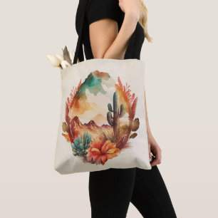 Bolsa Tote Aquarela Desert Cactus e Montanhas