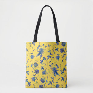 Bolsa Tote Aquarela Flor de Maracujá Azul em Amarelo Mostarda