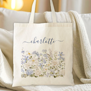 Bolsa Tote Aquarela Flor Monograma Jardim Floral Azul
