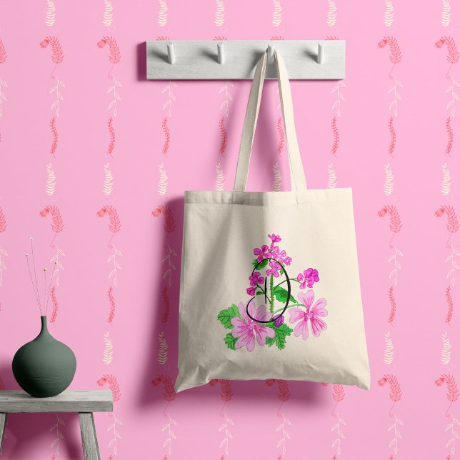 Bolsa Tote Aquarela flor rosa com a sua inicial.  (Criador carregado)