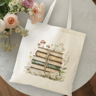 Bolsa Tote Aquarela Floral Flores Silvestres Livros Antigos