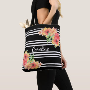 Bolsa Tote Aquarela Floral Personalizada Listras Preto Branco