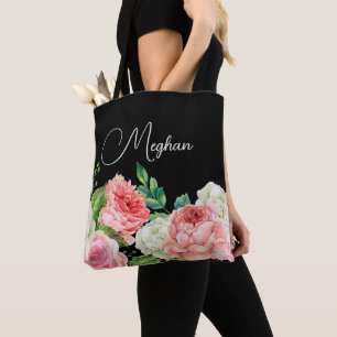 Bolsa Tote Aquarela Floral Preto Personalizado Damas de Honra
