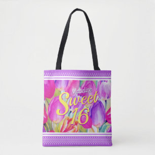 Bolsa Tote Aquarela Floral Rosa Elegante com Trim Violeta