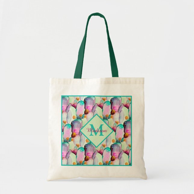 Bolsa Tote Aquarela Flores De Cactus De Pera-Prickly Monogram (Frente)