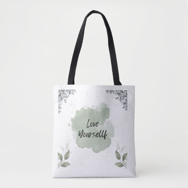 Bolsa Tote Aquarela Folhas Verdes e Brancas (Frente)