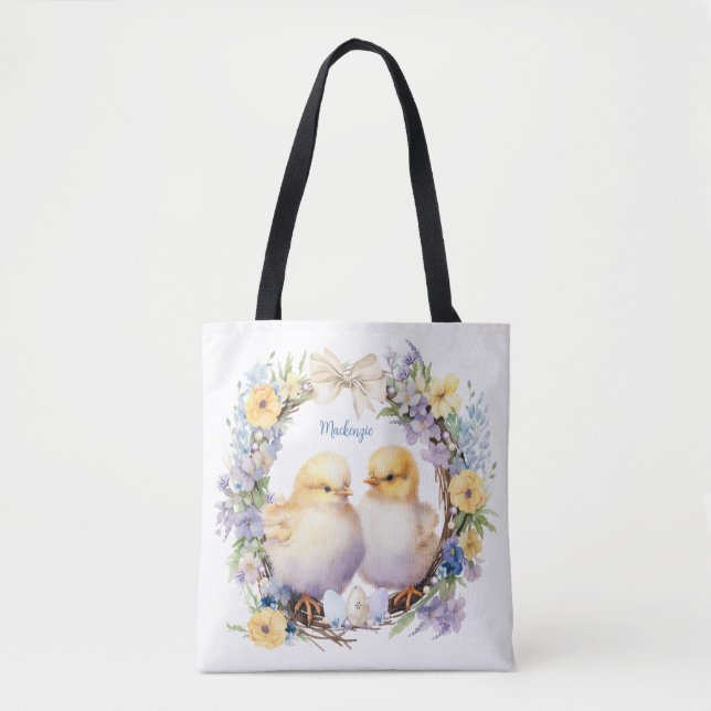 Bolsa Tote Aquarela Frango de Páscoa Personalizado (Frente)