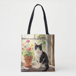 Bolsa Tote Aquarela Gato e Flores no Parapeito da Janela  