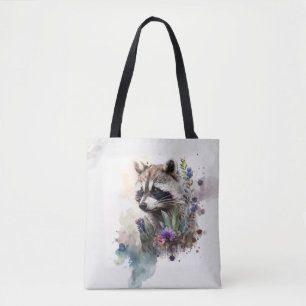 Bolsa Tote Aquarela Guaxinim Fofo Flores de Primavera