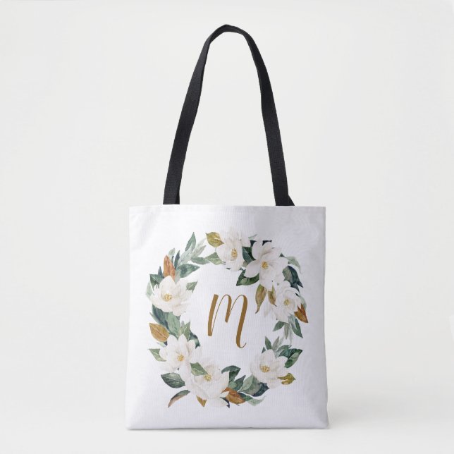Bolsa Tote Aquarela Magnolia Wreath Monograma (Frente)