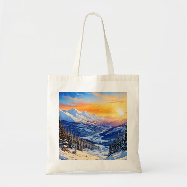 Bolsa Tote aquarela manhã de inverno, nascer do sol, céu azul (Frente)