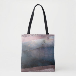 Bolsa Tote Aquarela Moderna Azul e Rosa Dourado Blush Glam