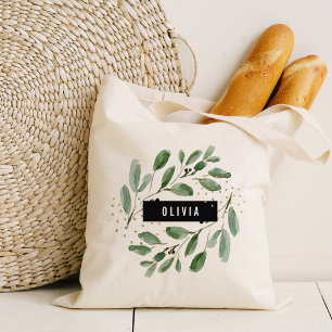 Bolsa Tote Aquarela Moderna em Verde e Dourado Personalizad