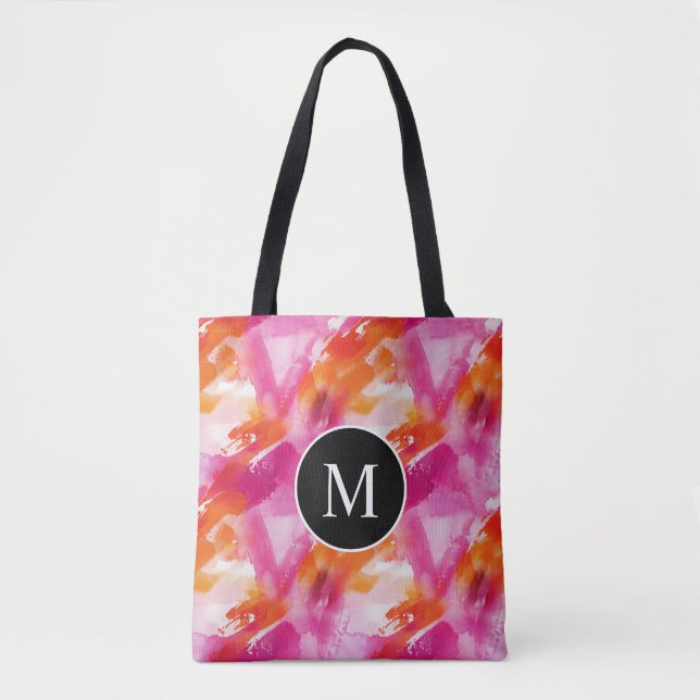 Bolsa Tote Aquarela Monograma Laranja Rosa Abstrato (Frente)