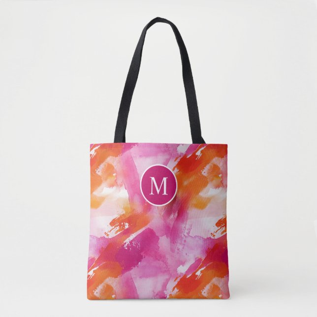 Bolsa Tote Aquarela Monograma Laranja Rosa Abstrato (Frente)
