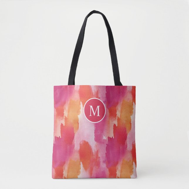 Bolsa Tote Aquarela Monograma Laranja Rosa Abstrato (Frente)