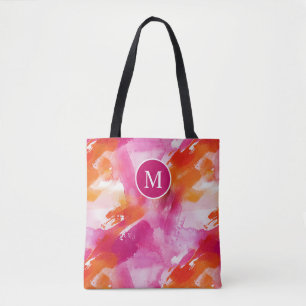 Bolsa Tote Aquarela Monograma Rosa Laranja Abstrato