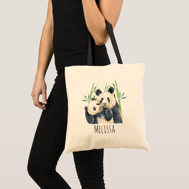Bolsa Tote Aquarela Panda Ursa Mãe e Bebê em Bambu (Frente (produto))