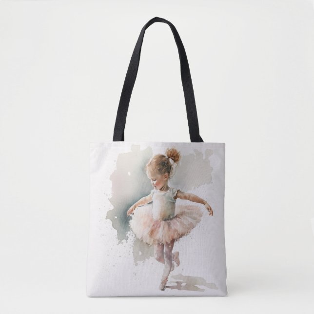 Bolsa Tote aquarela pequena, bailarina fofa com um vestido ro (Frente)