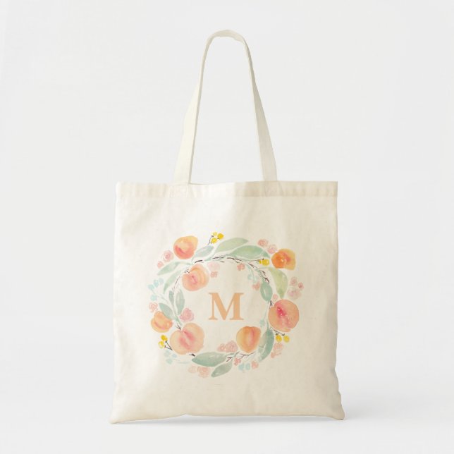 Bolsa Tote Aquarela Pêssegos Folhagem Monograma (Frente)