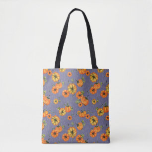 Bolsa Tote Aquarela Pintura Outono Abóboras Laranja/Roxo