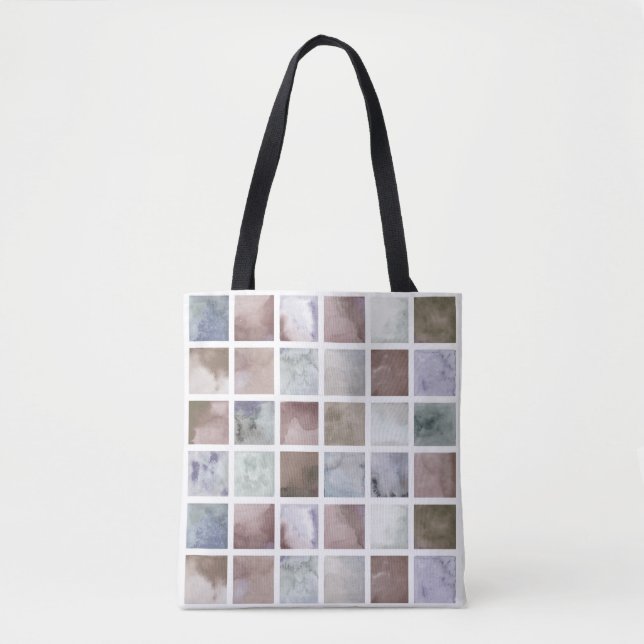 Bolsa Tote Aquarela. Quadrados de bege e cinza. (Frente)