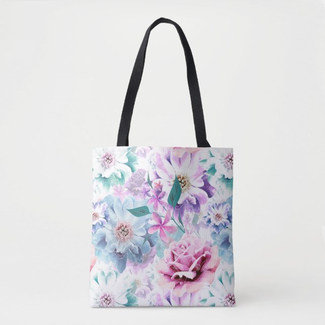 Bolsa Tote Aquarela rosa, flores azuis. (Frente)
