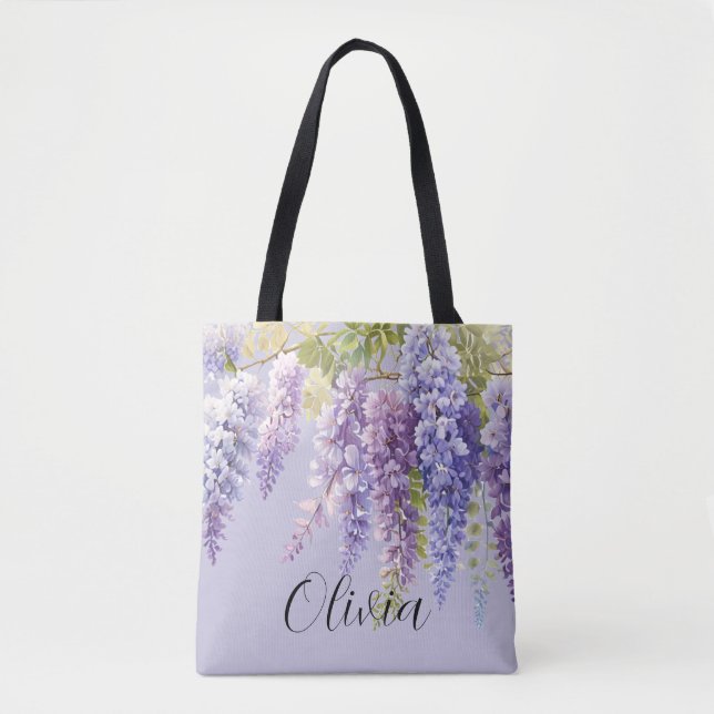 Bolsa Tote Aquarela roxa floral lavanda lilás glicínias (Frente)