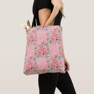Bolsa Tote Aquarela Shabby Chic Rosas Cor-de-Rosa e Pontos