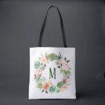 Bolsa Tote Aquarela Sucultiva Monograma Floral Wreath<br><div class="desc">Saco personalizável com suculentos de aquarela e coroa de cacto com flores em relevo. Esta bolsa de tote de monograma floral é perfeita como um presente personalizado.</div>