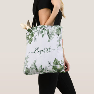 Bolsa Tote Aquarela Verde Botânico Sage Ferns Ivy