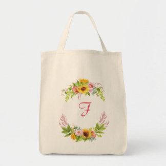 Bolsa Tote Aquarelas Girassóis Alunos Rosas Monograma Boho